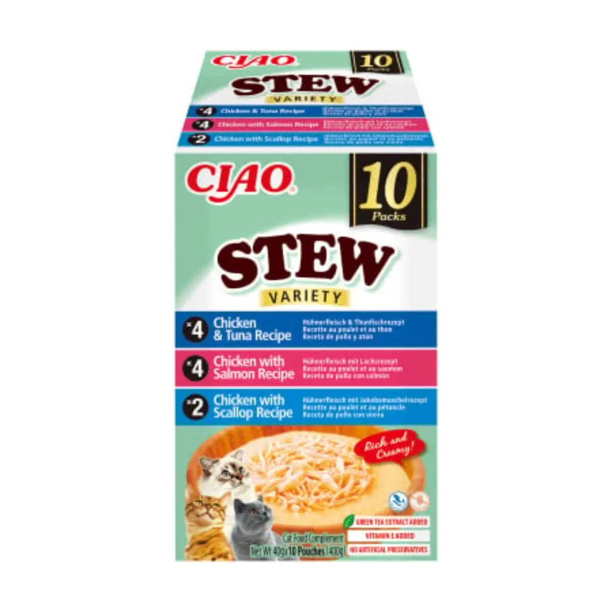 INABA Ciao Stew Variety cu Pui, Ton, Somon si Scoici, cutie hrana umeda fara cereale pisici, (in supa), 400g