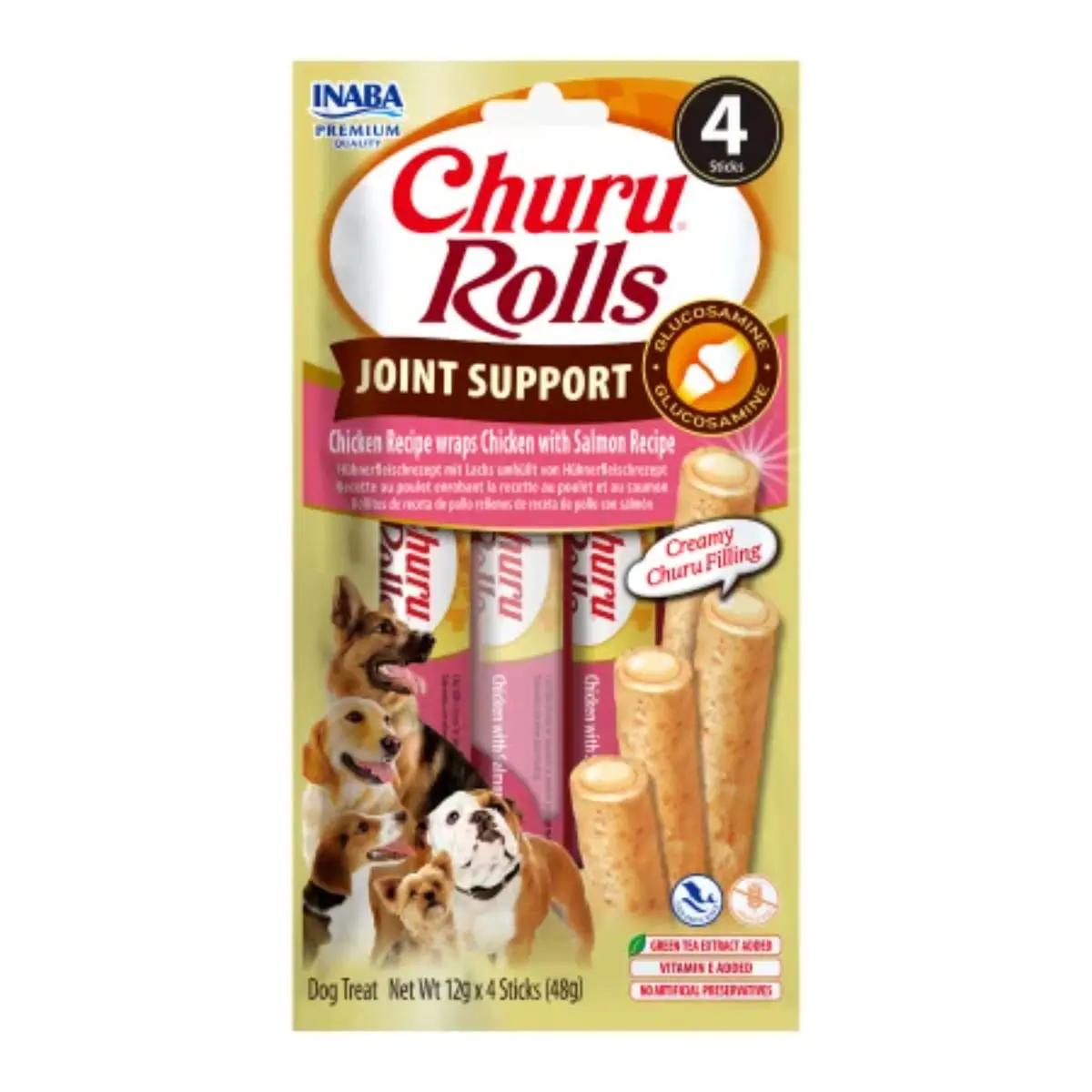 INABA Churu Rolls Joint Support, XS-XL, Pui si Somon, punguta recompense functionale fara cereale caini, sistem articular, 48g