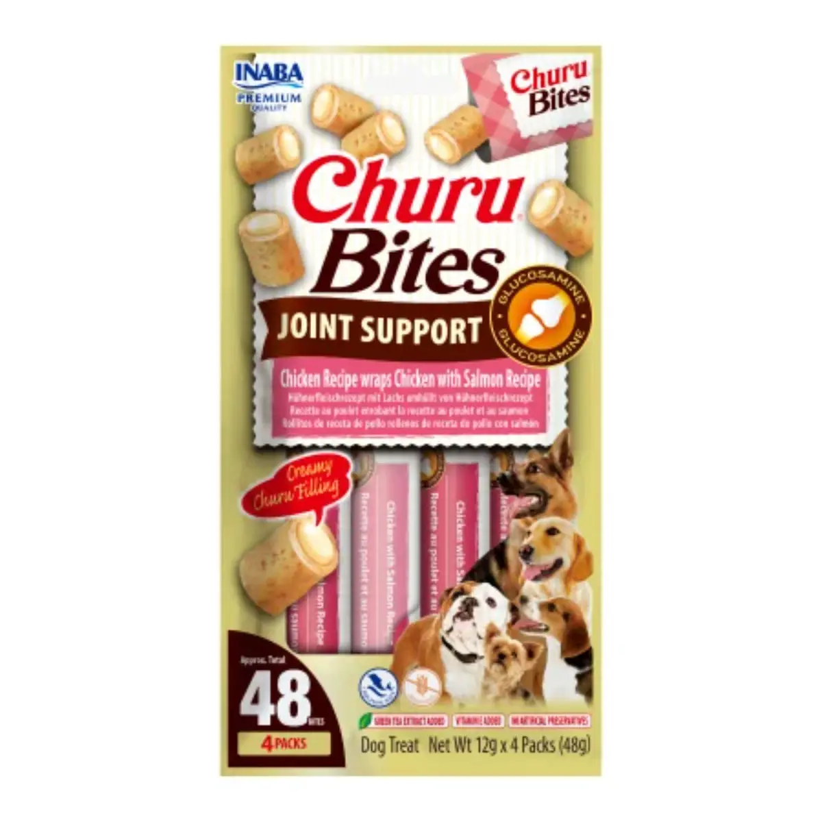 INABA Churu Bites Joint Support, XS-XL, Pui si Somon, punguta recompense functionale fara cereale caini, sistem articular, 48g