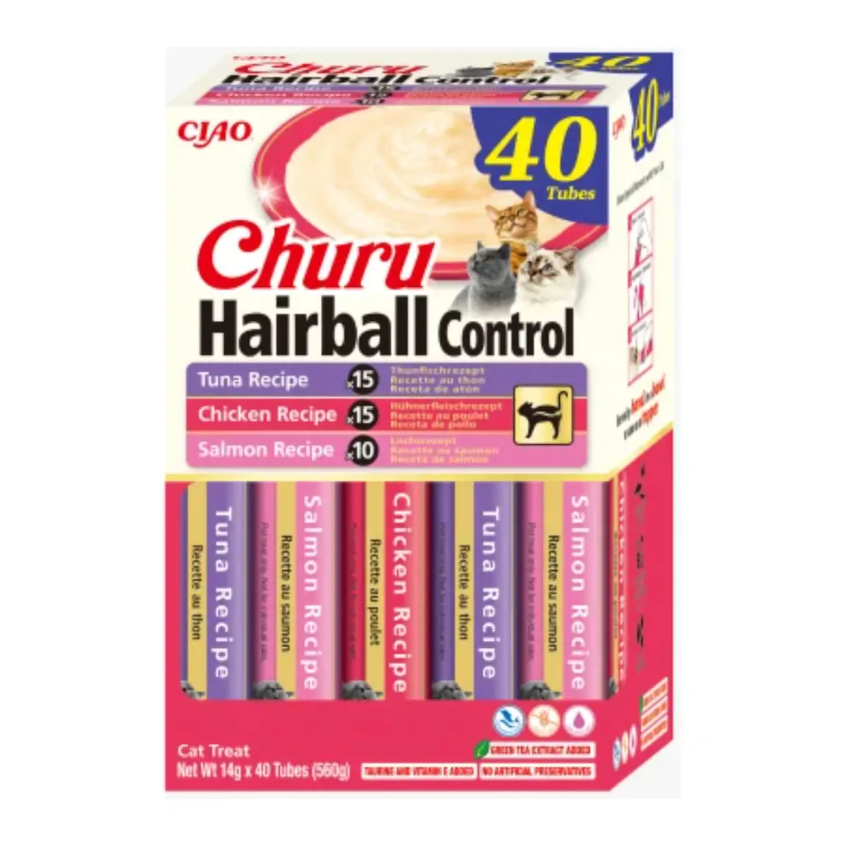 INABA Churu Hairball Control Variety, Ton si Pui, plic recompense fara cereale pisici, limitarea ghemurilor de blana, (topping), 560g