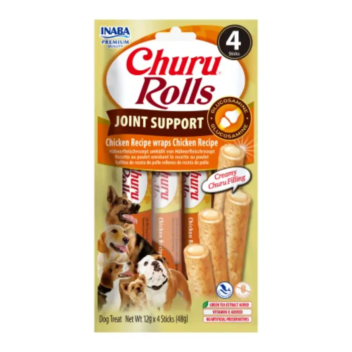 INABA Churu Rolls Joint Support, XS-XL, Pui si Ton, punguta recompense functionale fara cereale caini, sistem articular, 48g