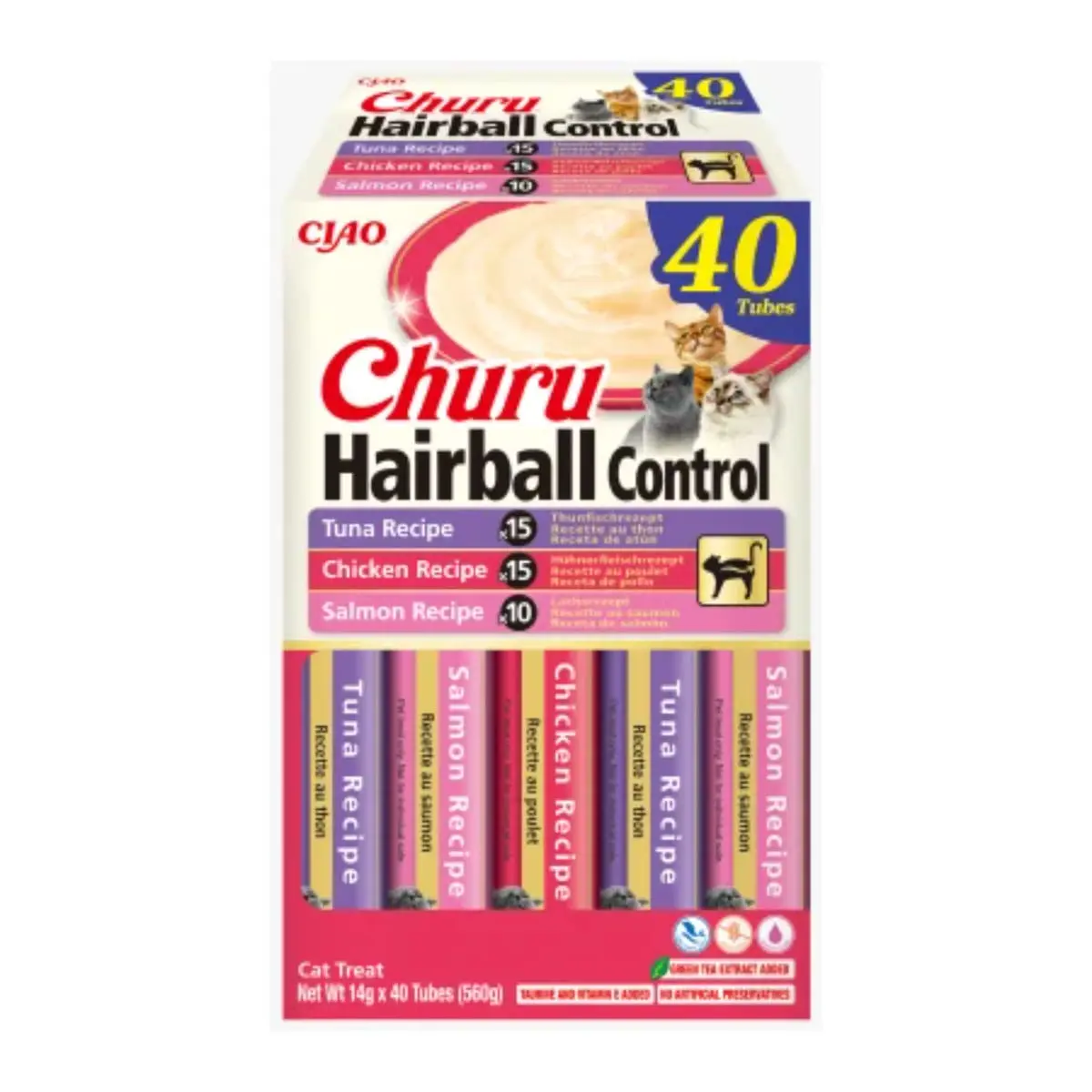 INABA Churu Hairball Control Variety, Ton si Pui, plic recompense fara cereale pisici, limitarea ghemurilor de blana, (topping), 560g - Image 4
