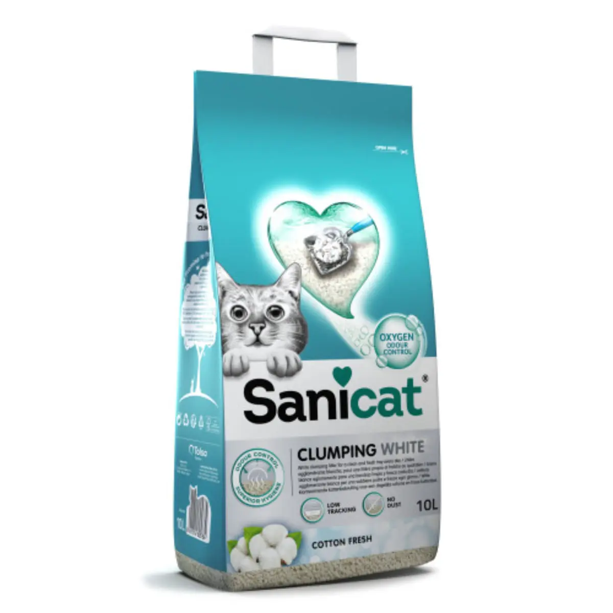 SANICAT Clumping White Cotton Fresh, Flori de Bumbac, asternut igienic pisici, granule, bentonita, aglomerant, neutralizare mirosuri, fara praf, 20l