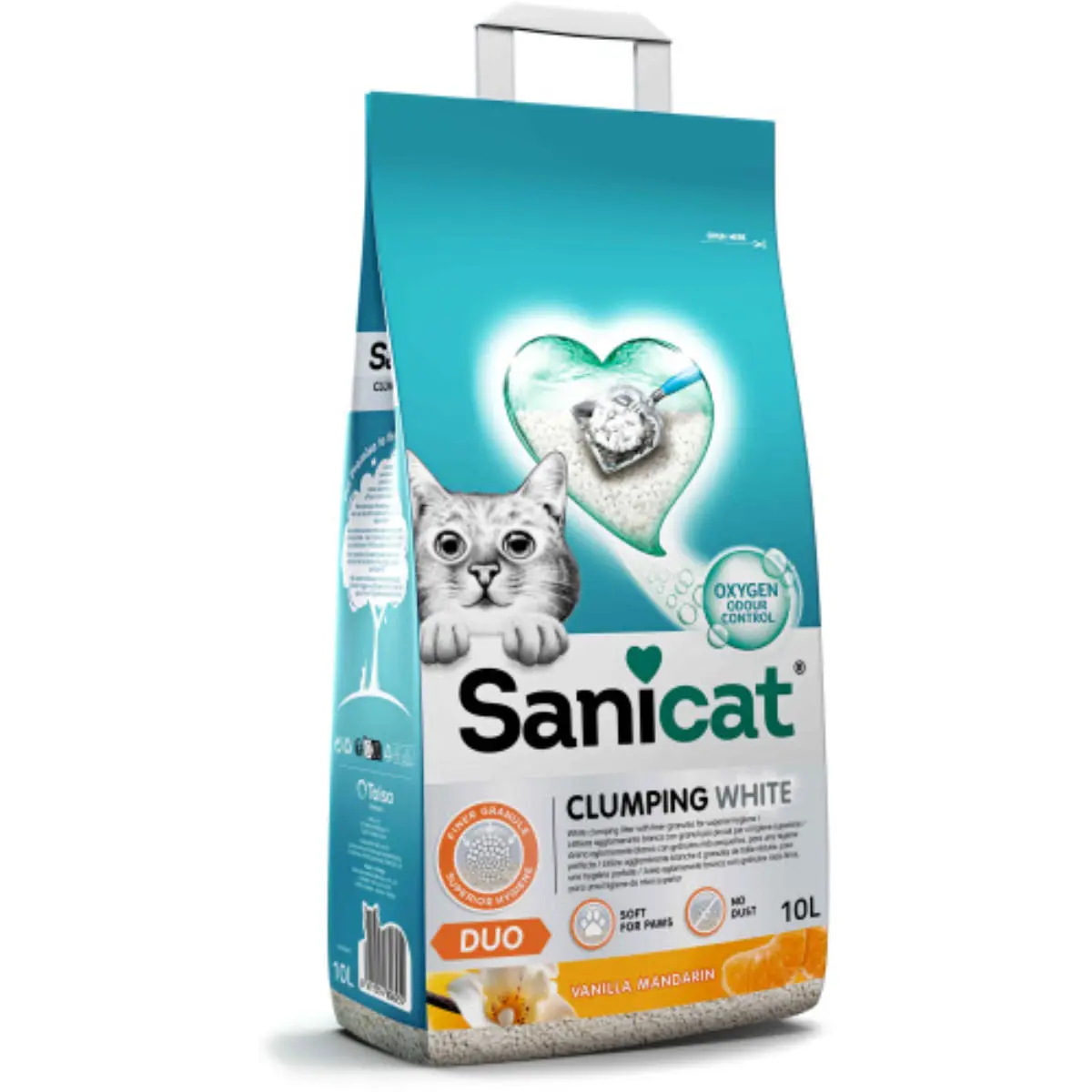 SANICAT Clumping White Duo, Vanilie si Mandarina, asternut igienic pisici, granule, bentonita, aglomerant, neutralizare mirosuri, fara praf, 10l