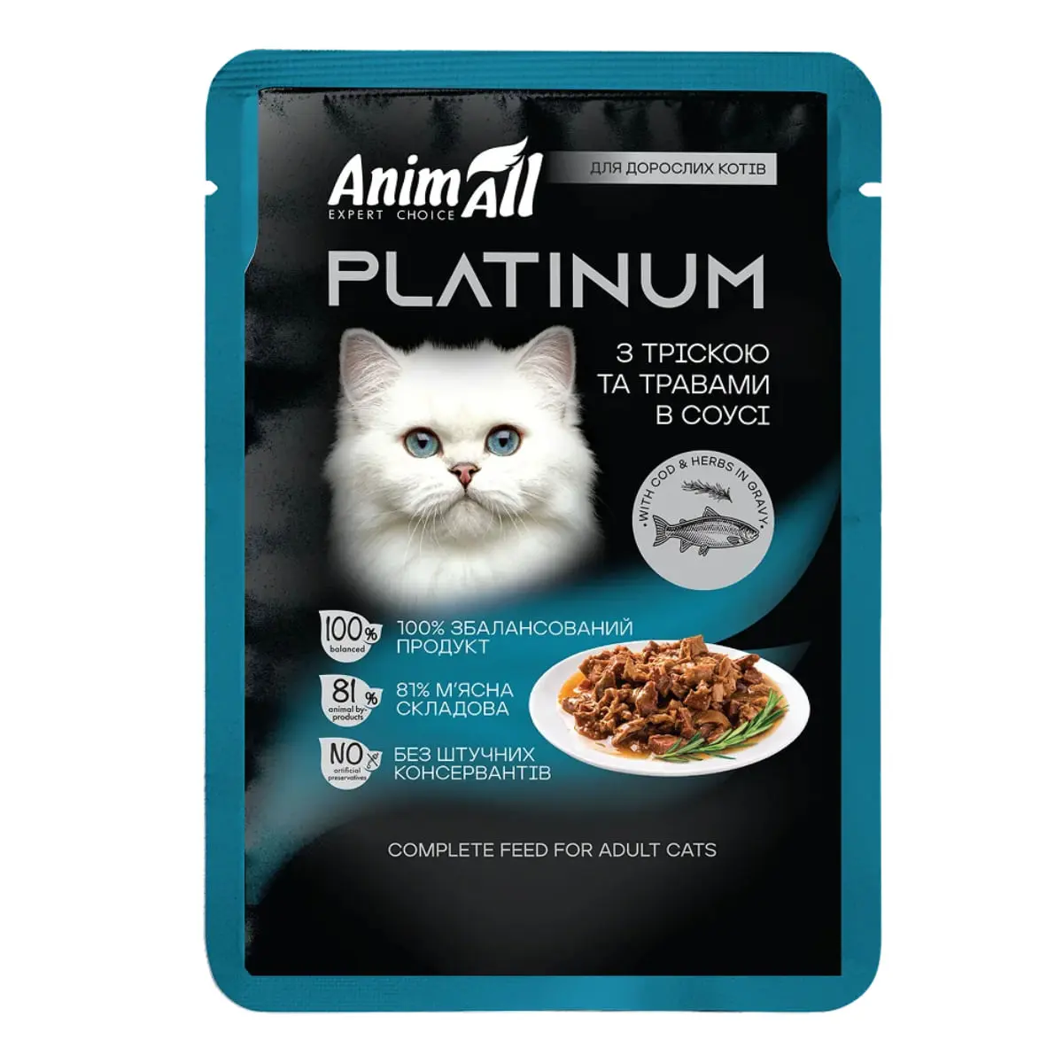 ANIMALL Platinum, Cod, plic hrana umeda pisici, (in sos), bax, 85g x 22buc