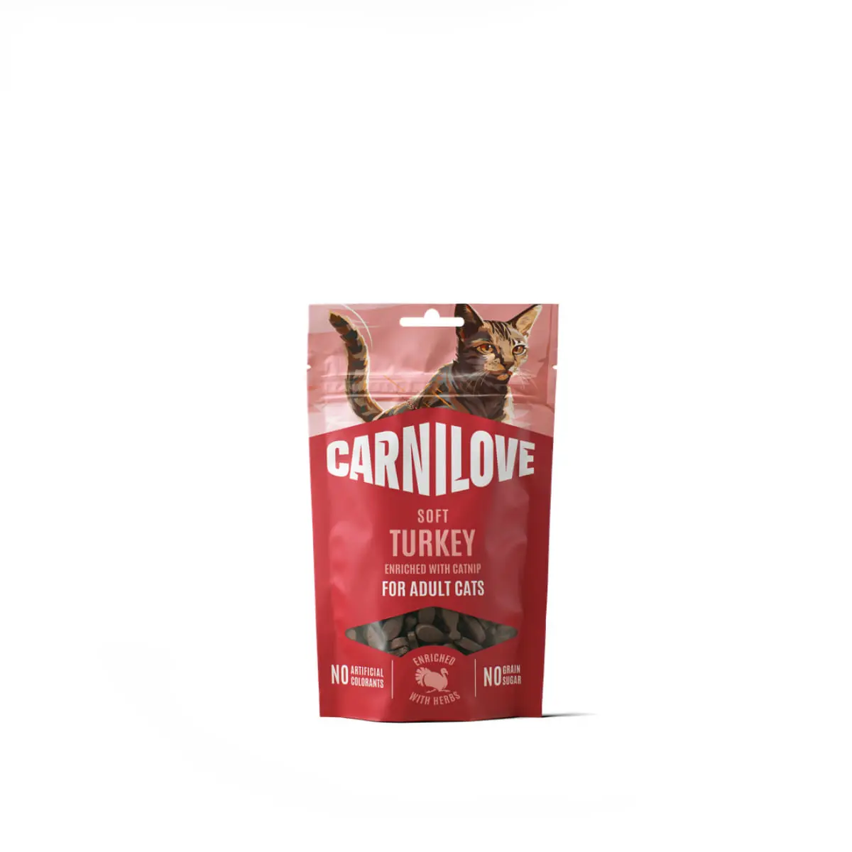 CARNILOVE Soft Snack, Curcan si Catnip, punguta recompense fara cereale pisici, 50g